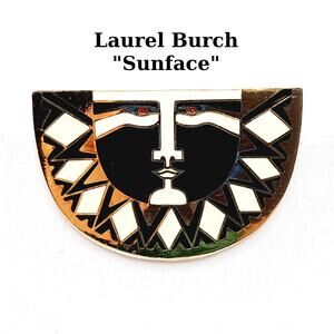 Vintage Laurel Burch Sunface Brooch, Black White Enamel Gold Plated Pin, 1980s